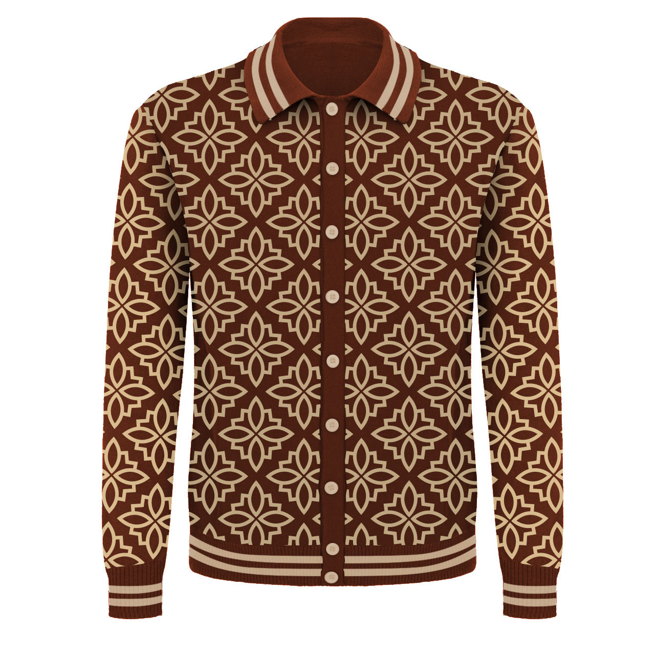 Men's Retro Floral Knit Cardigan – Bold 70s Pattern Long-Sleeve Shirt