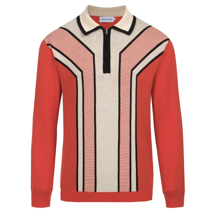 Men's Retro Striped Long-Sleeve Polo Shirt – 70s Vintage Style Knitwear