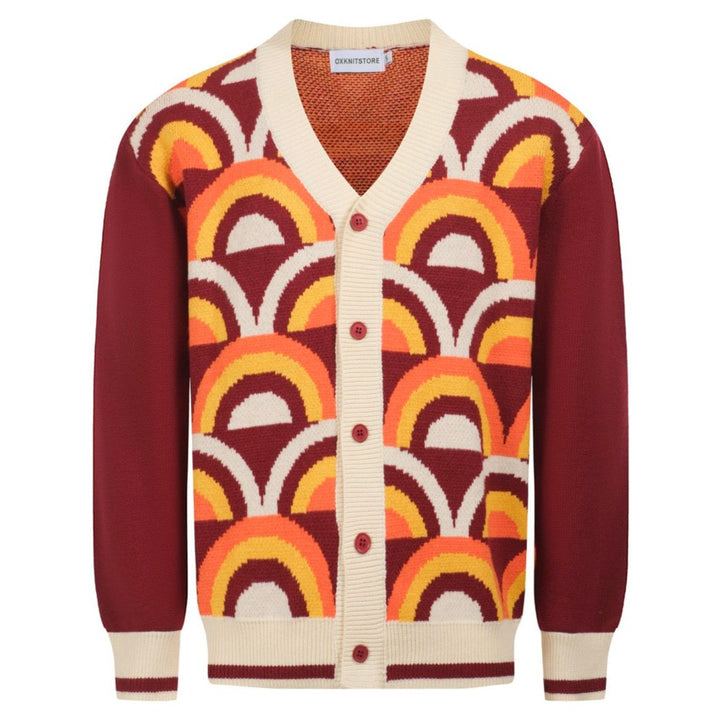 Men's Retro Cardigan – Bold Rainbow Arc Pattern Knit Sweater for Vintage Style Enthusiasts