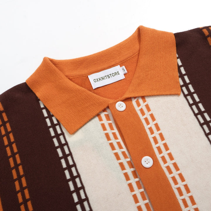 Men's Orange & Brown 60s Retro Knit Cardigan Polo