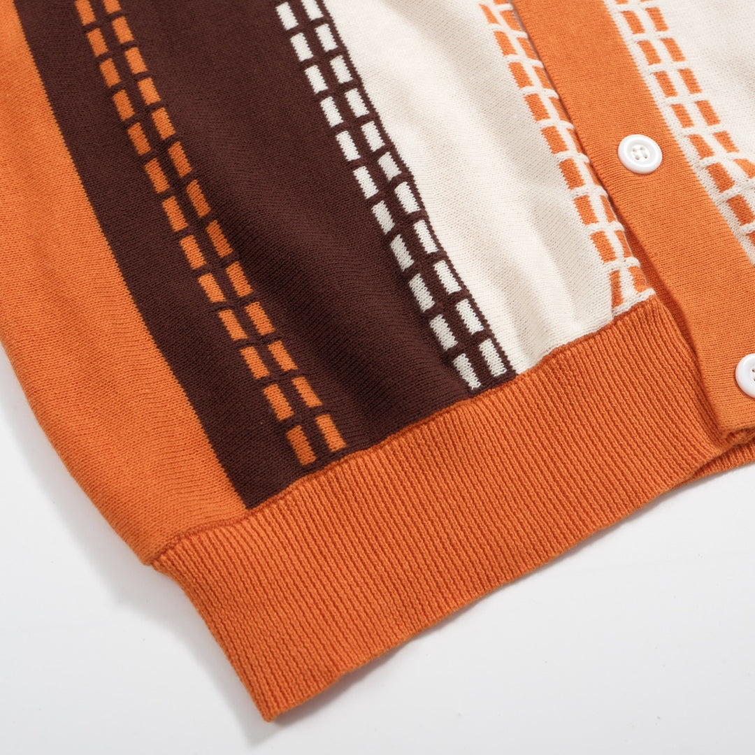 Men's Orange & Brown 60s Retro Knit Cardigan Polo