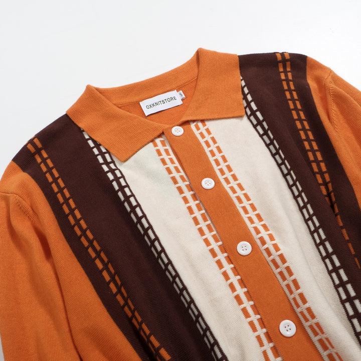 Men's Orange & Brown 60s Retro Knit Cardigan Polo