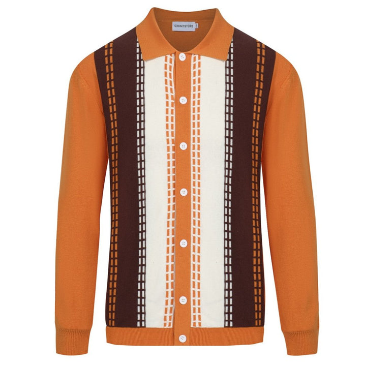 Men's Orange & Brown 60s Retro Knit Cardigan Polo