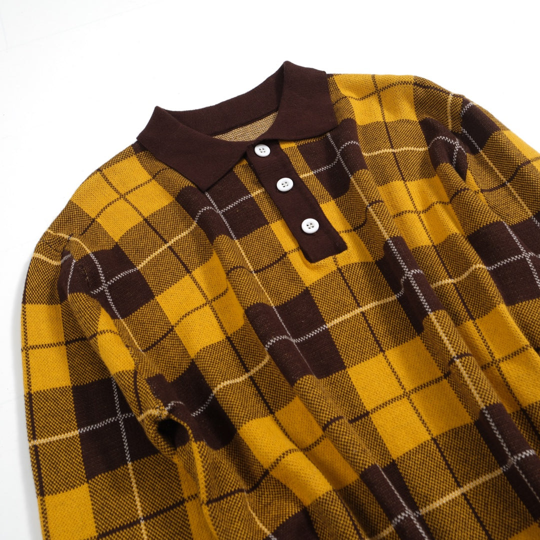 Men's Yellow Plaid Knit Vintage Polo