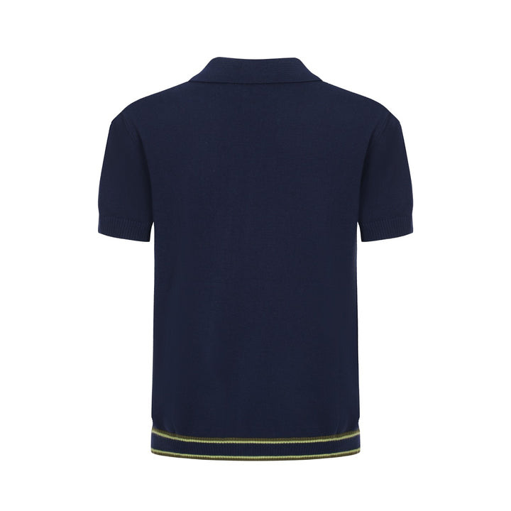 Men's Dark Blue Button Knit Polo With Green Gradient Stripe