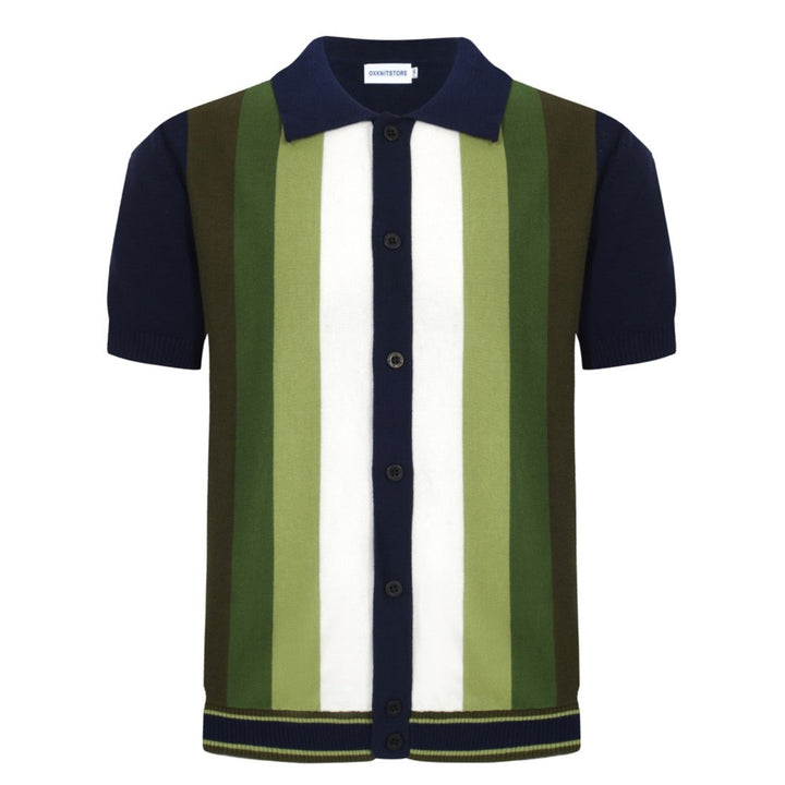 Men's Dark Blue Button Knit Polo With Green Gradient Stripe