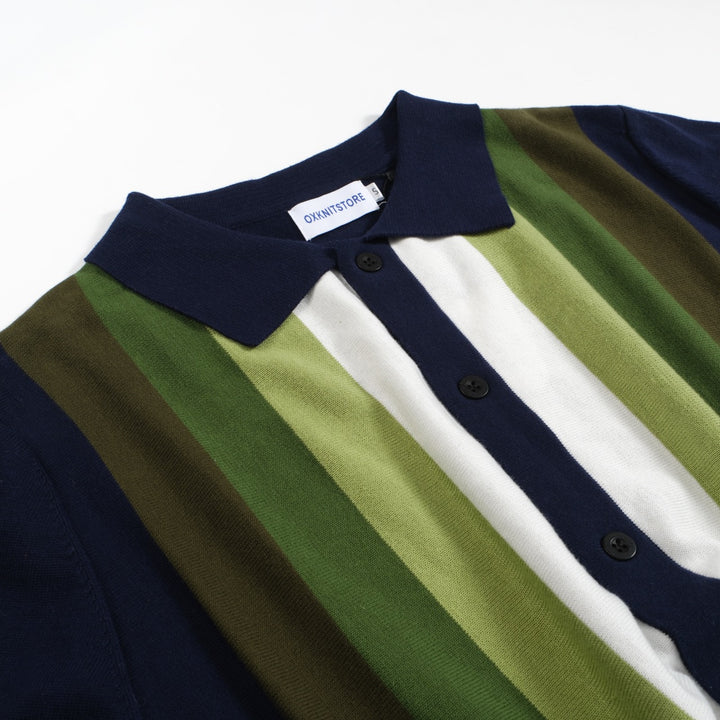 Men's Dark Blue Button Knit Polo With Green Gradient Stripe