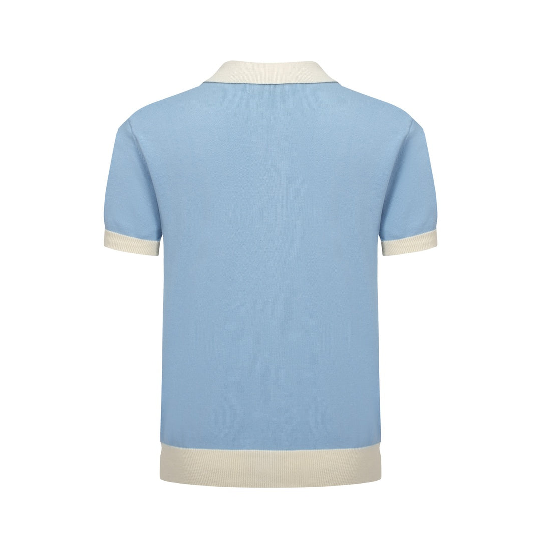 Men's Light Blue Knitted Polo With Off White Neck