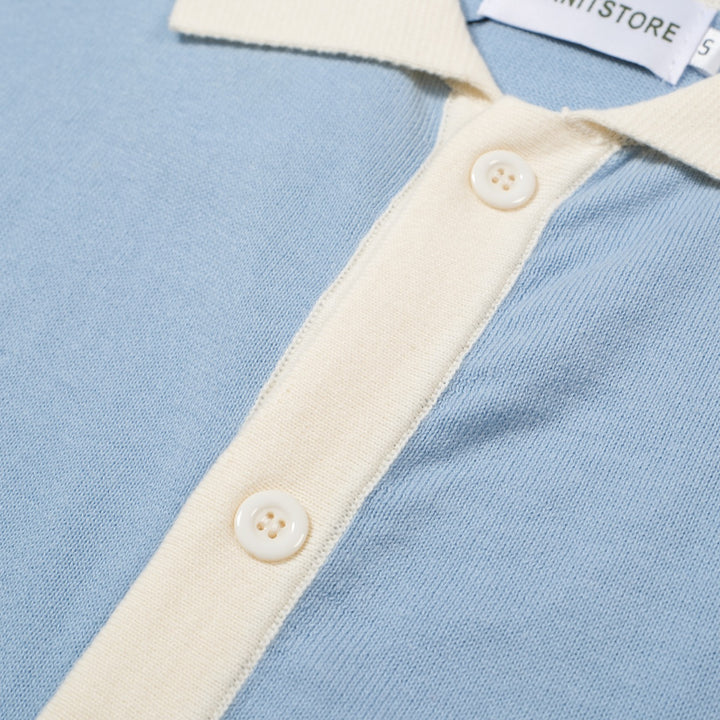 Men's Light Blue Knitted Polo With Off White Neck