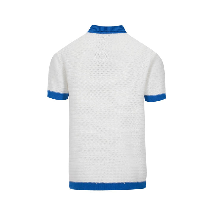 Men's White Knitted Polo With Blue V-Neck