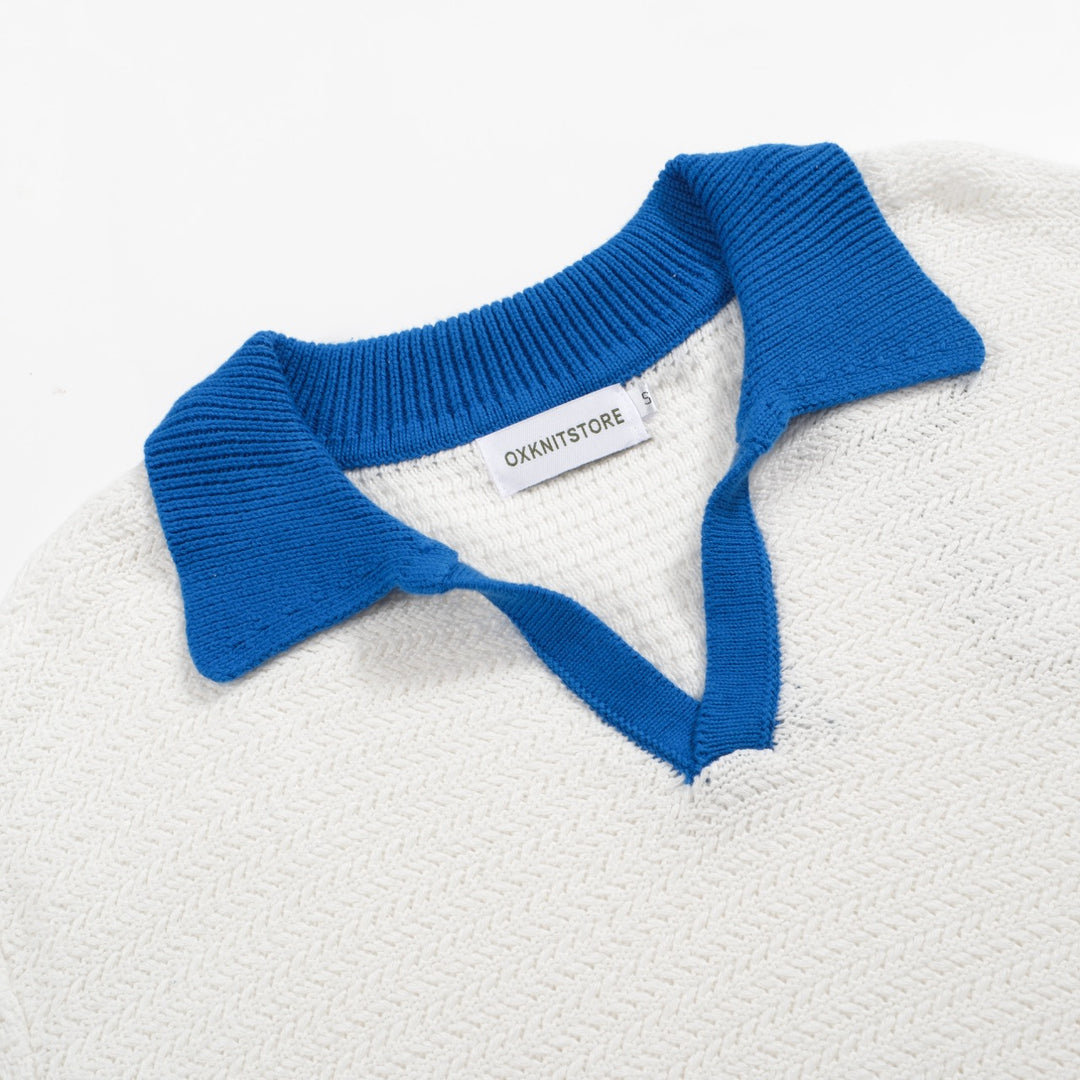 Men's White Knitted Polo With Blue V-Neck