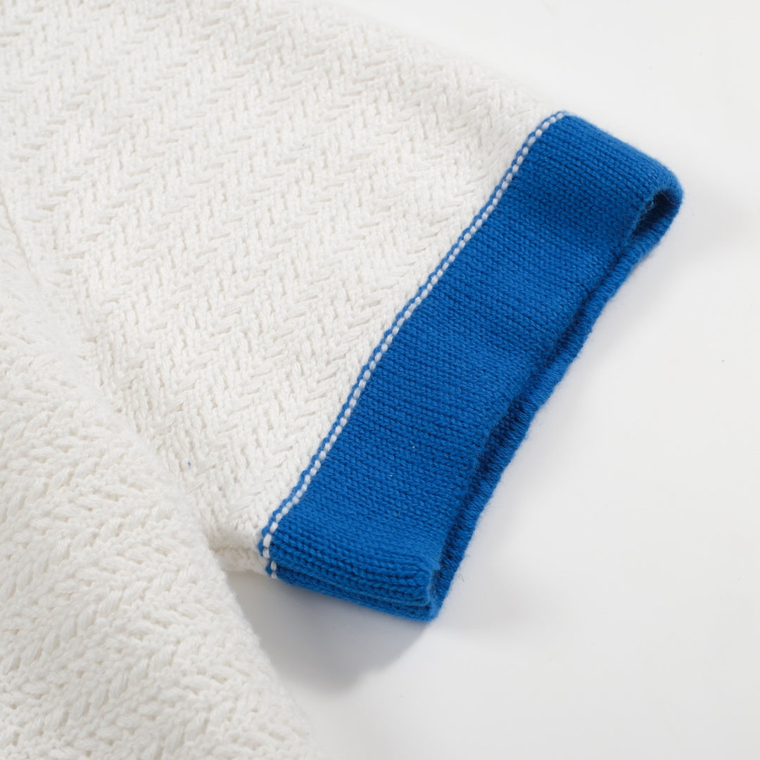 Men's White Knitted Polo With Blue V-Neck