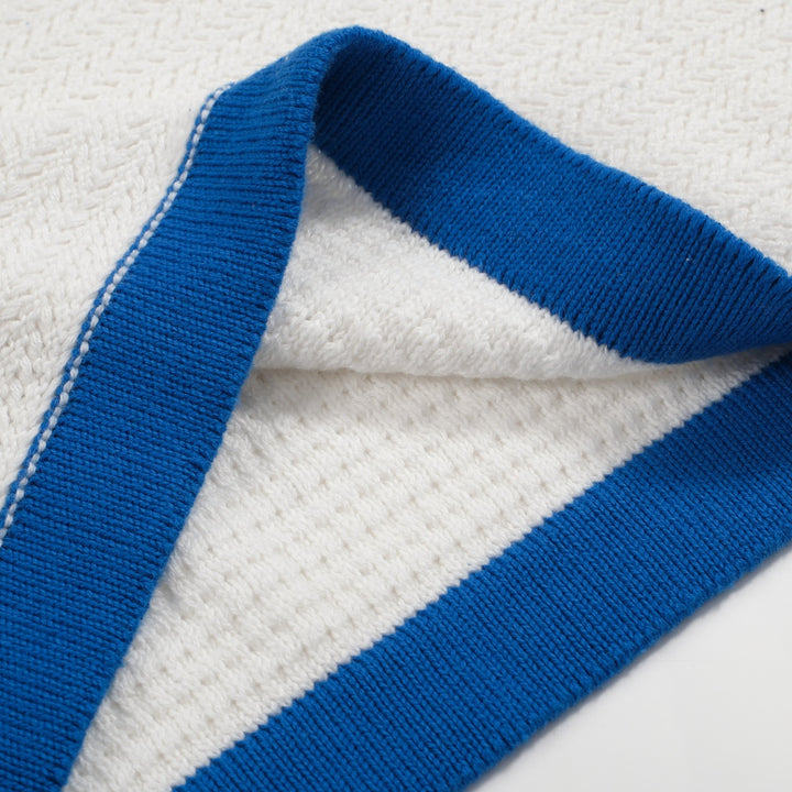 Men's White Knitted Polo With Blue V-Neck