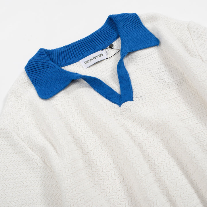 Men's White Knitted Polo With Blue V-Neck