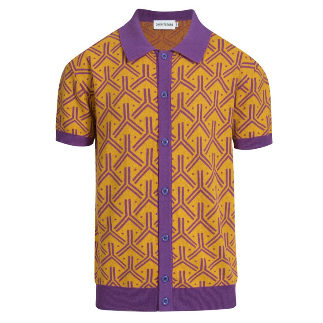 Men's Yellow Geometry Design Knitted Short Sleeve Polo Shirt