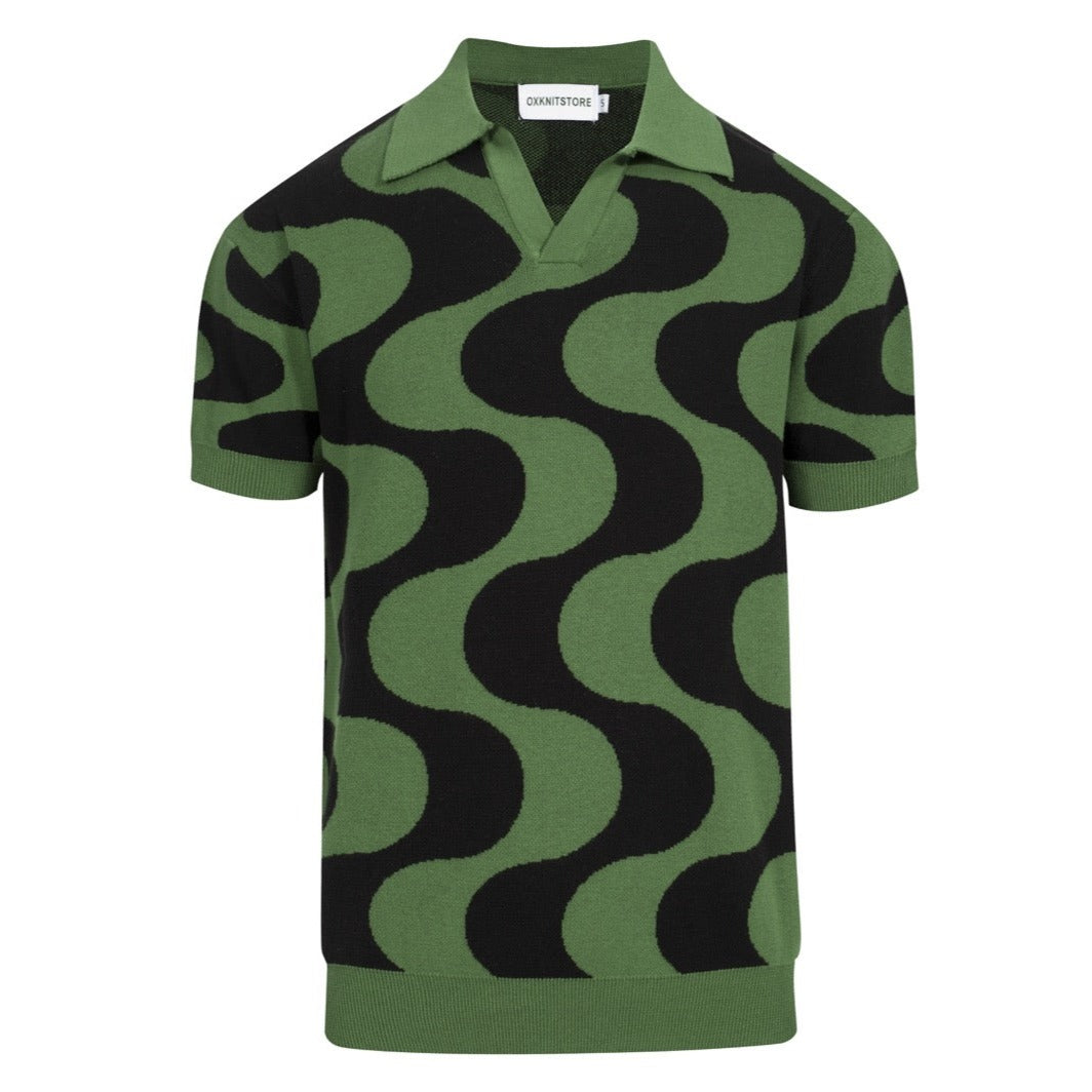 Men's Green Knitted Polo With Black Wave