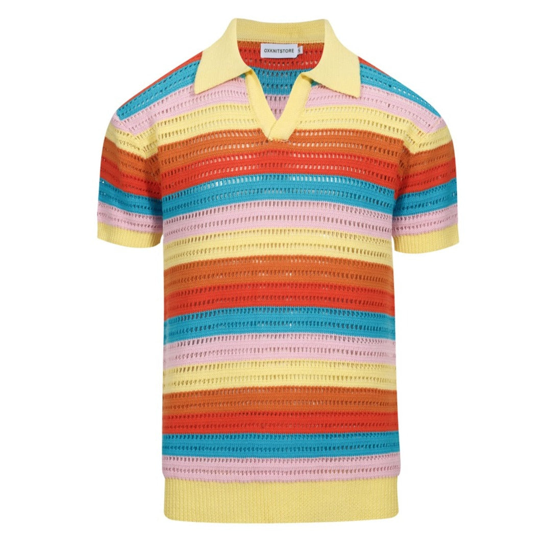 Men's Multicolor Hollow Knitted Polo V-Neck