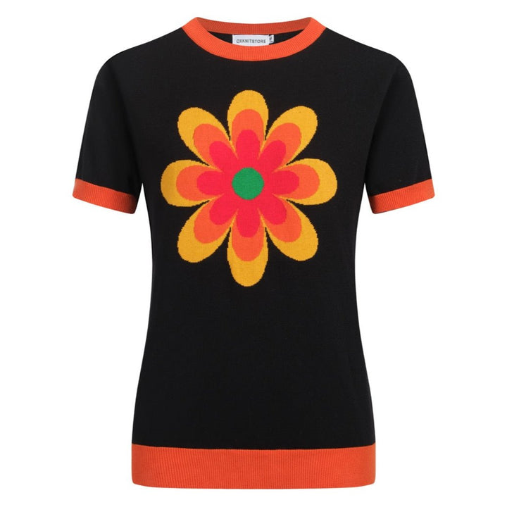 Schwarzer Strick-T-Shirt von Frauen mit gelben Blumen