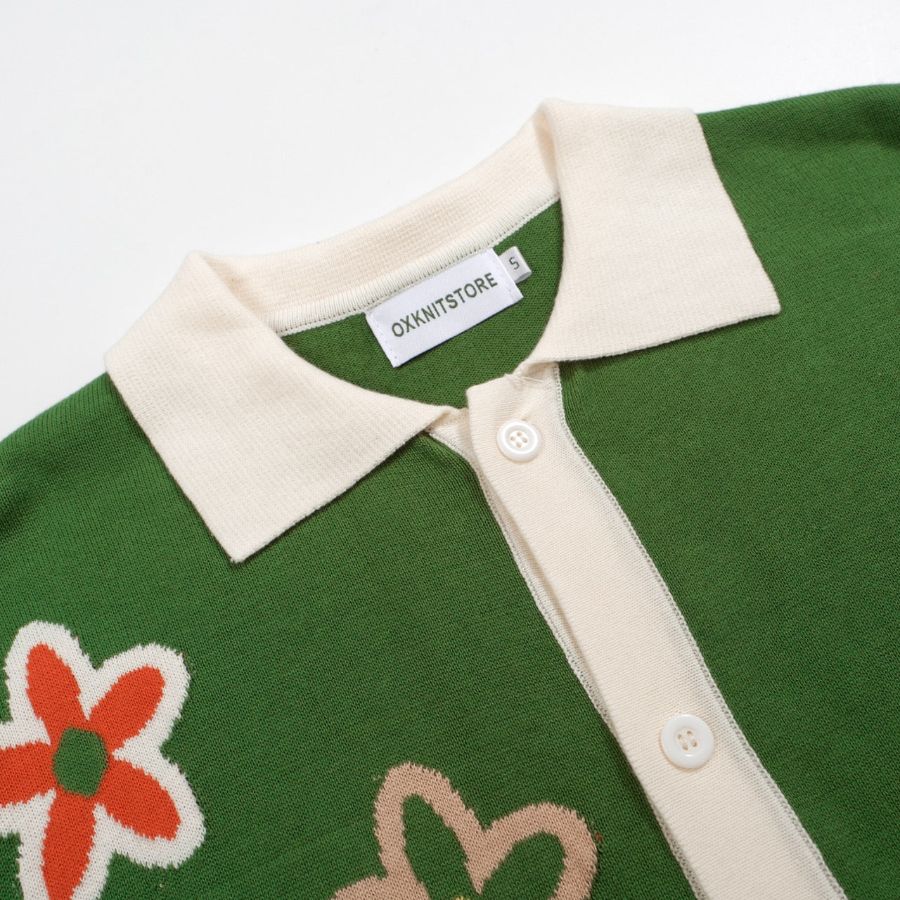 Men's Green Knitted Polo Cardigan With Flowers