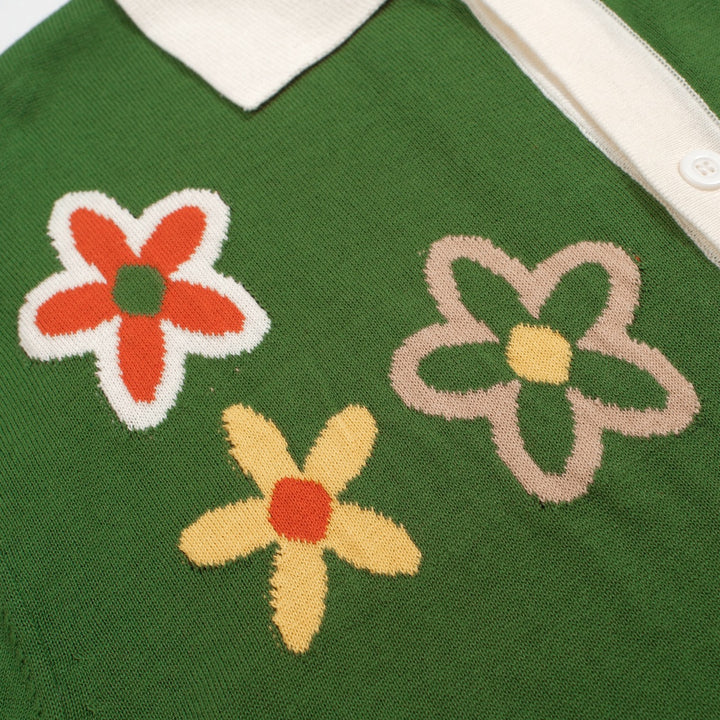 Men's Green Knitted Polo Cardigan With Flowers