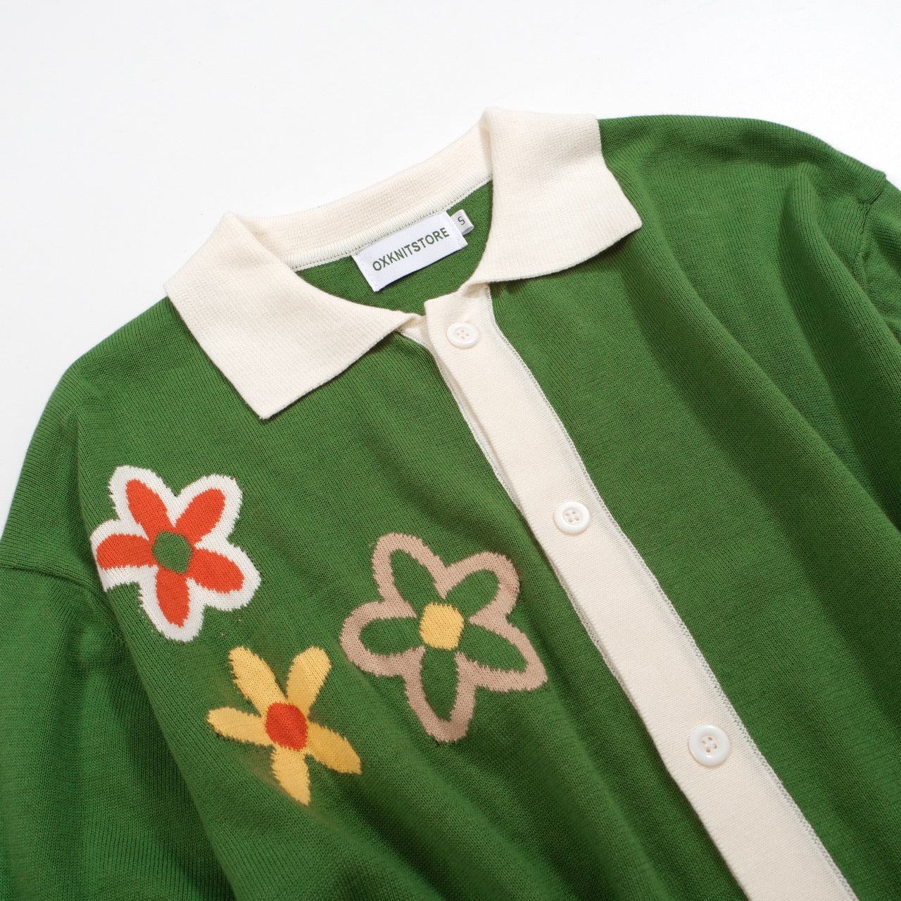 Men's Green Knitted Polo Cardigan With Flowers