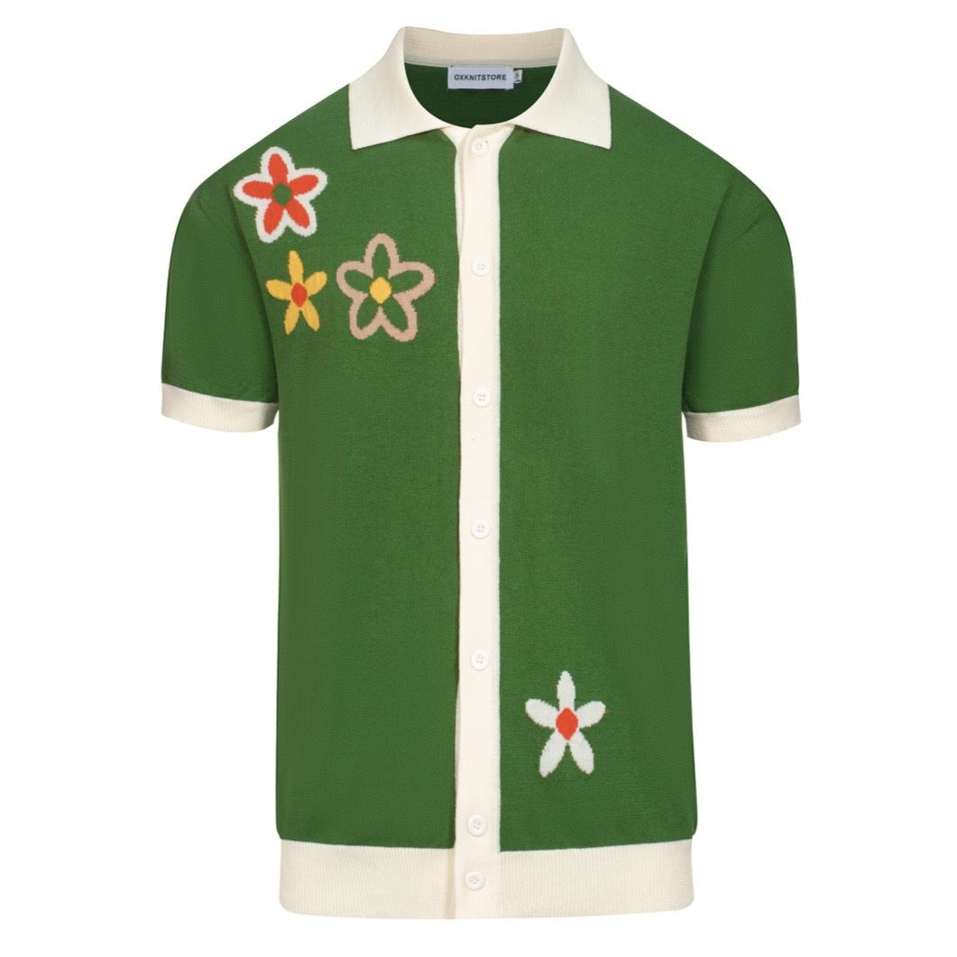 Men's Green Knitted Polo Cardigan With Flowers