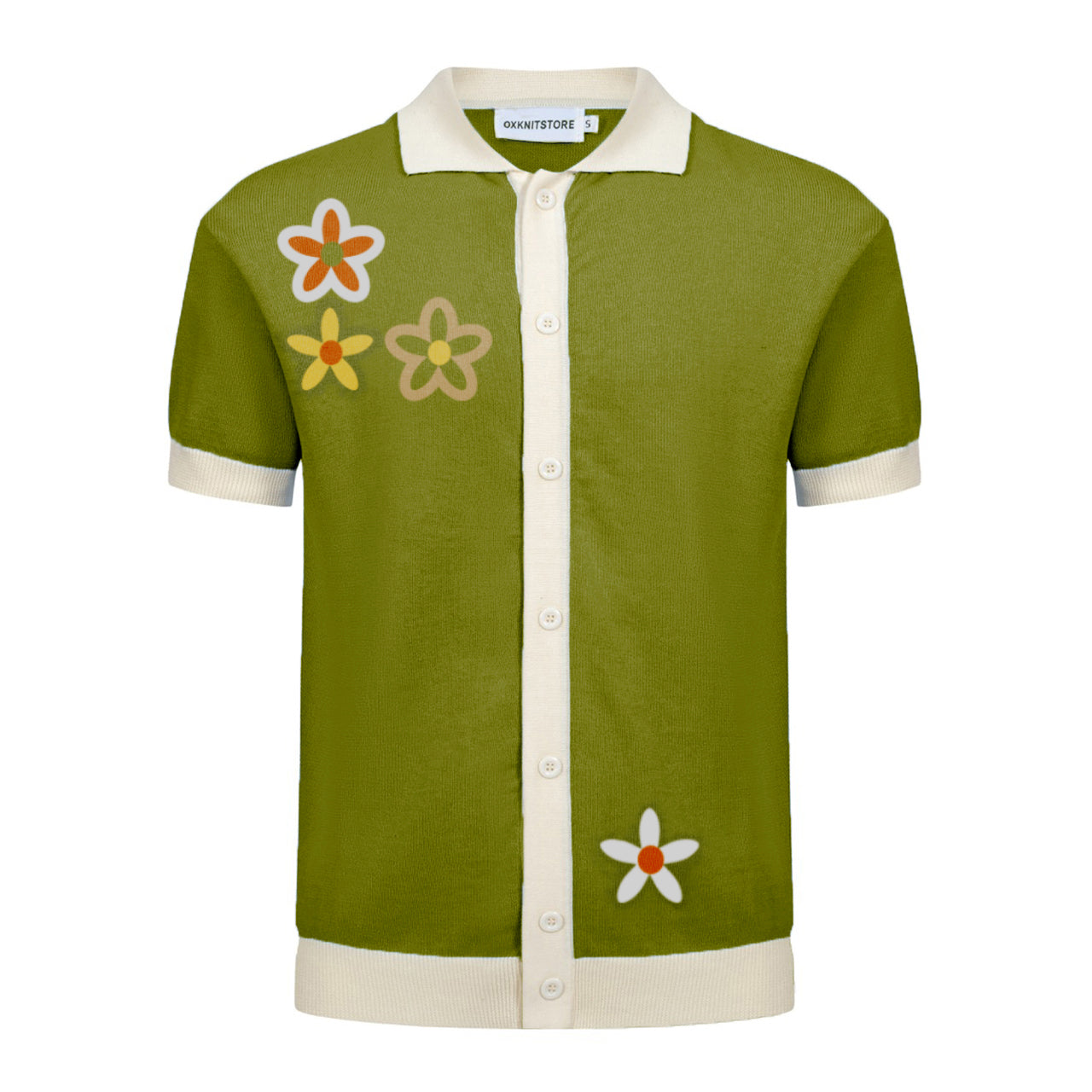 Men's Green Knitted Polo Cardigan With Flowers