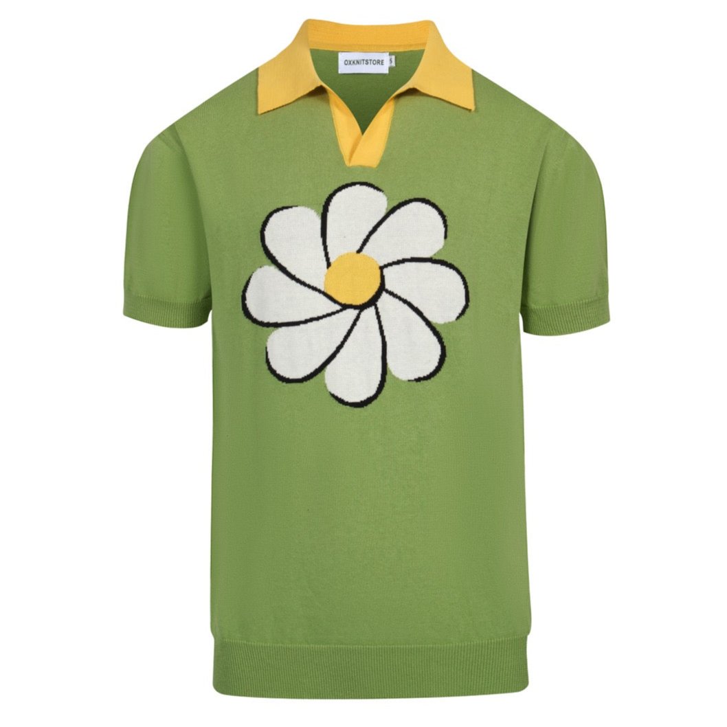 Men's Green Knitted Polo With Flower