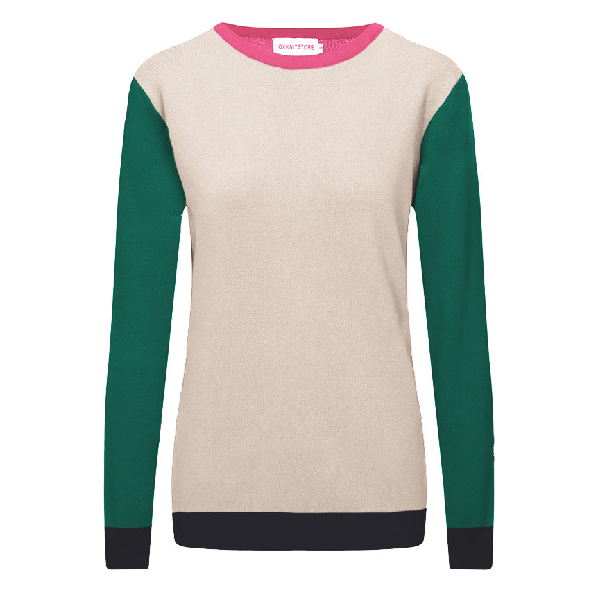 Women's beige Knitted T-shirt with  green sleeves