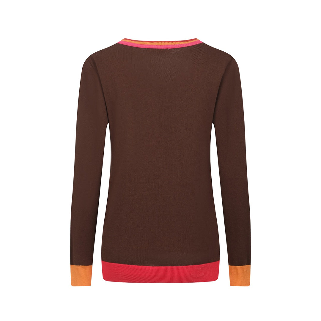 Women V-Neck Brown Long Sleeves Knitwear