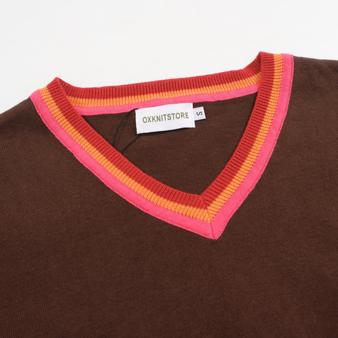 Women V-Neck Brown Long Sleeves Knitwear