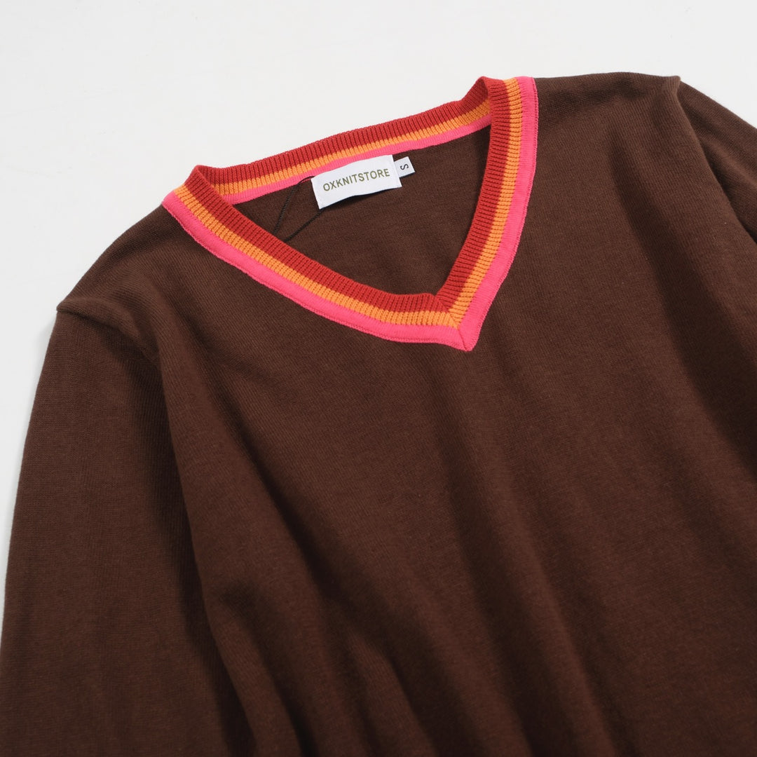 Women V-Neck Brown Long Sleeves Knitwear