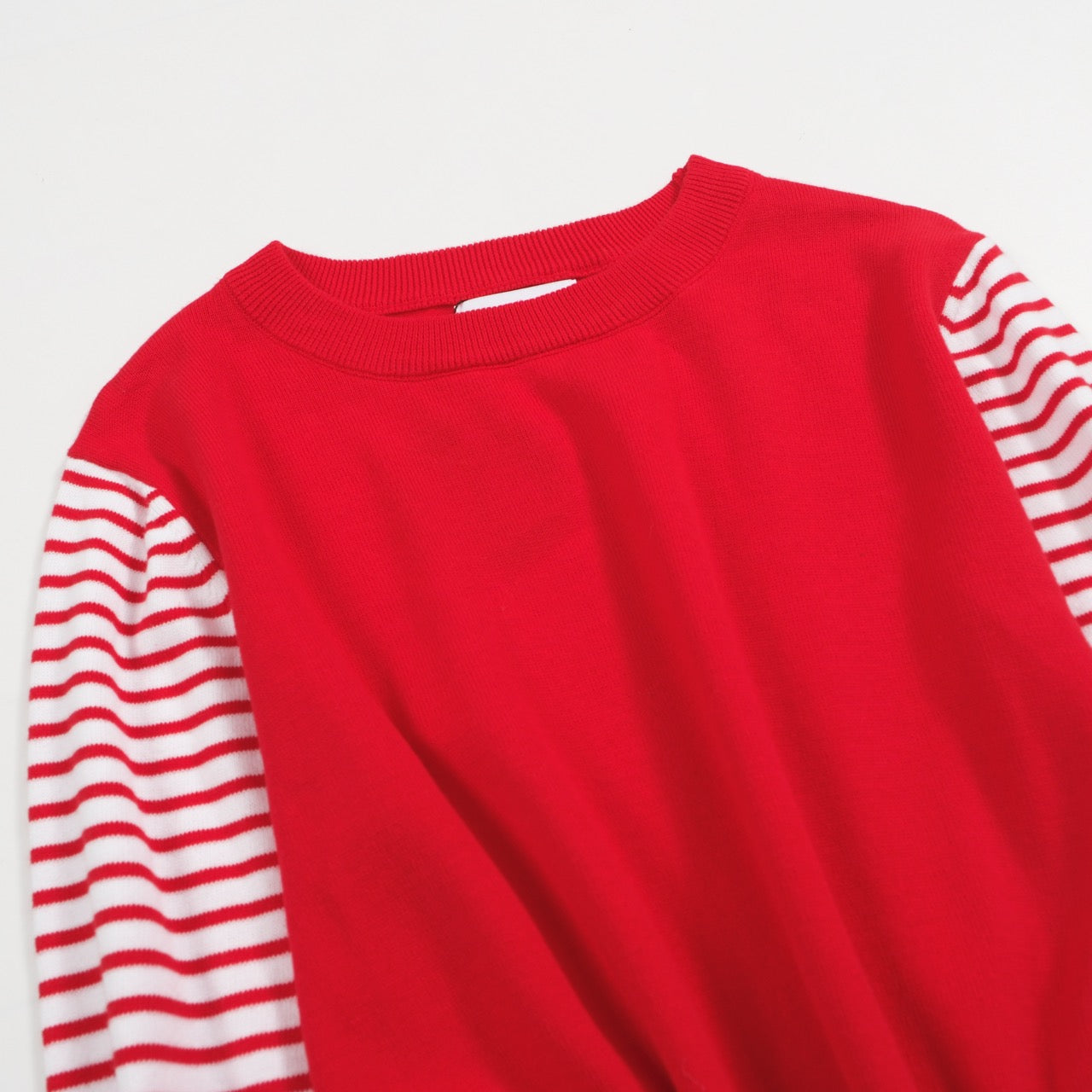 Women's red  Knitted T-shirt with Horizontal striped sleeves