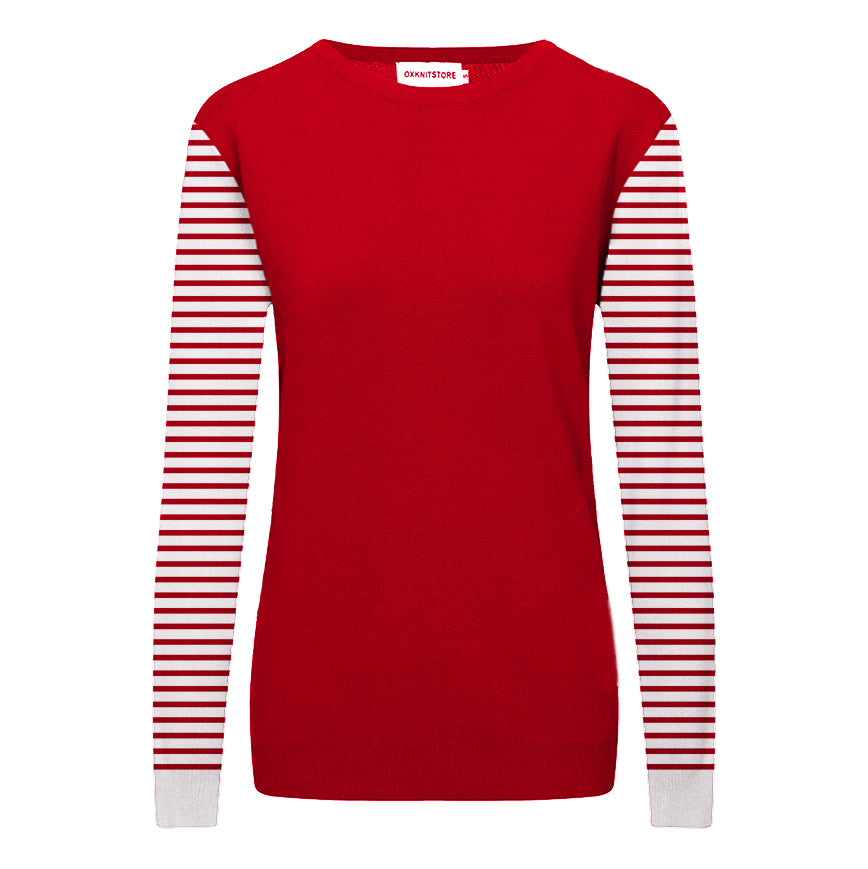 Women's red  Knitted T-shirt with Horizontal striped sleeves