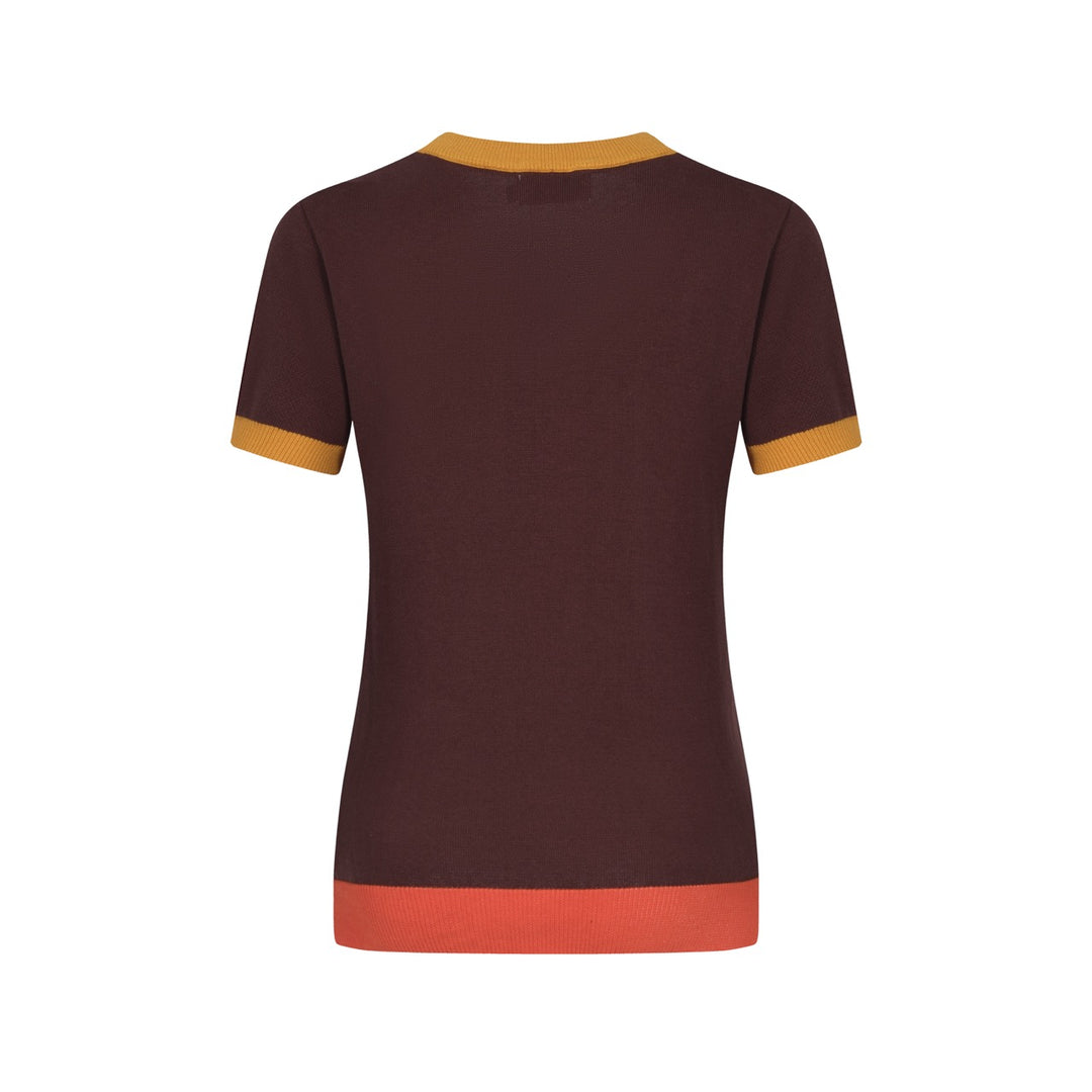 Women Retro Wave Line V-Neck Brown Short Sleeves Knitwear