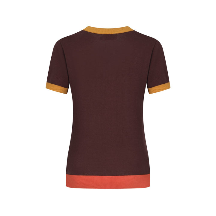 Women Retro Wave Line V-Neck Brown Short Sleeves Knitwear