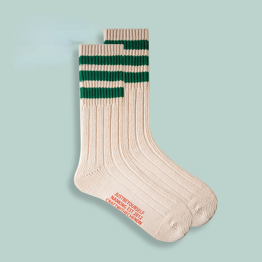 Chaussettes longues rétro en coton peigné épaissi de couleur unie