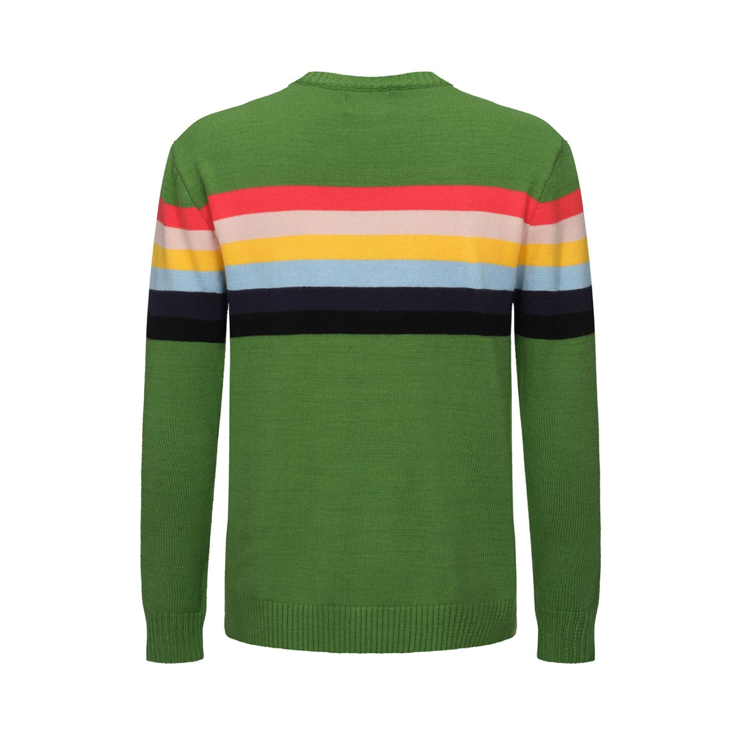 Men's Rainbow Striped Chest Print Green Sweater