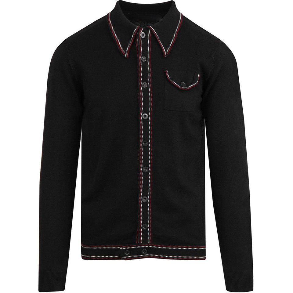 Heren casual jaren 1960 mod stijl klassieke zwarte gebreide retro polo met lange mouwen