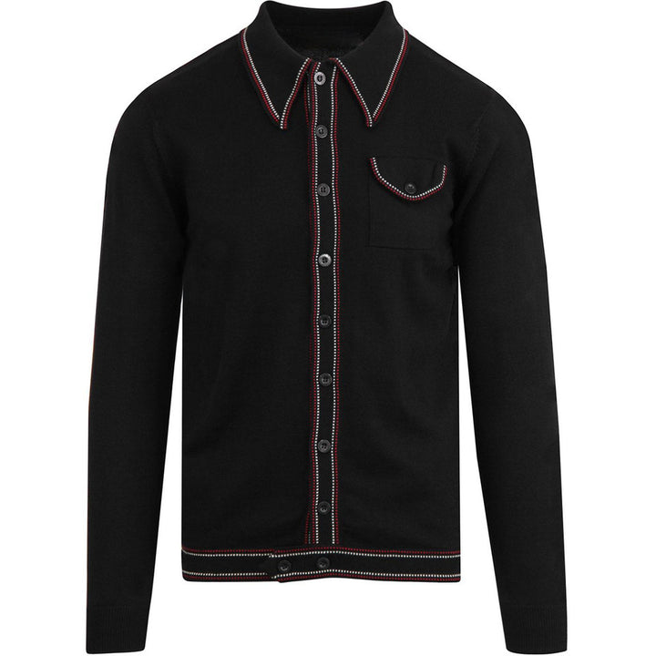 Polo de punto de manga larga negra para hombres con cuello y fondo Crawdaddy