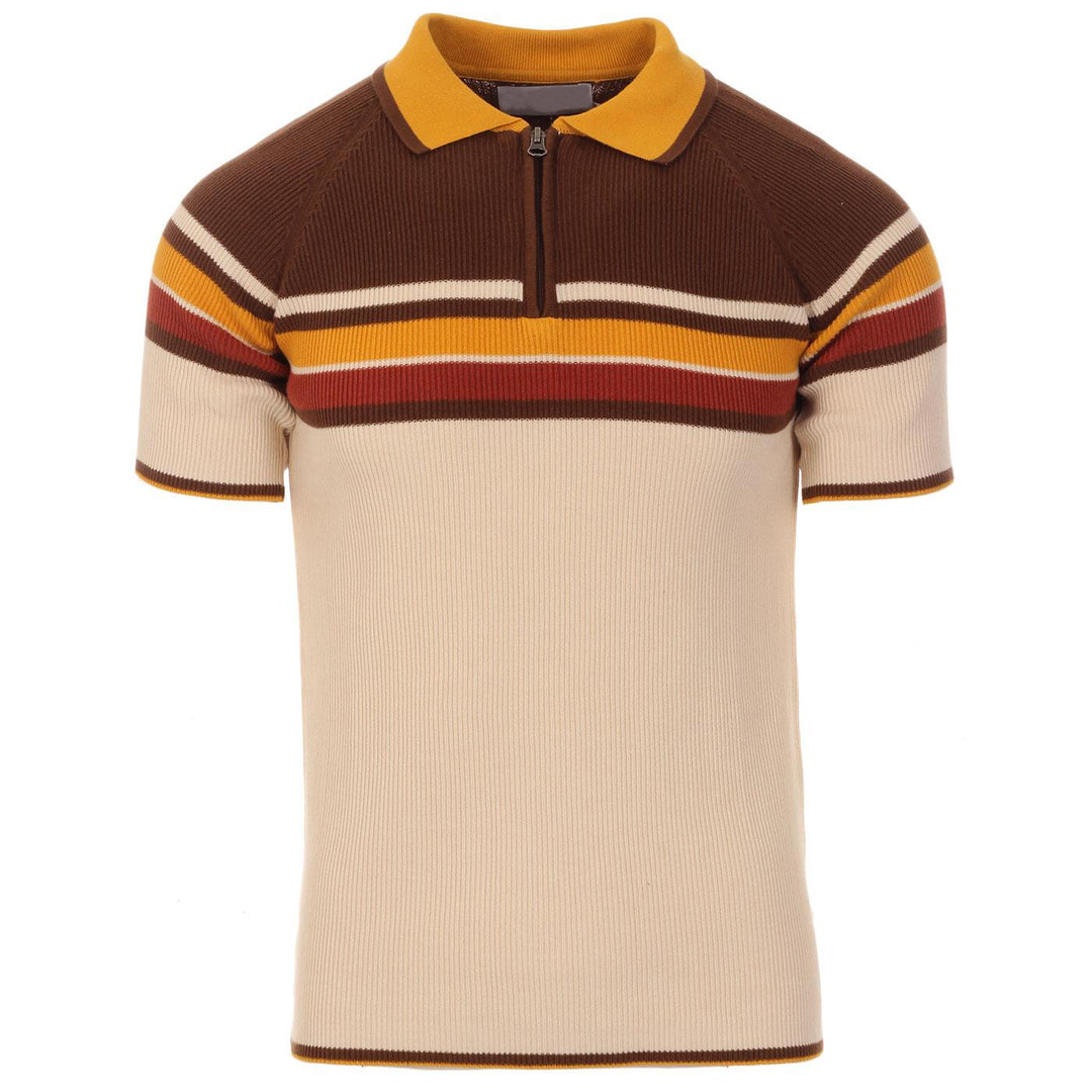 OXKNIT Men Vintage Clothing 1960s Mod Style Casual Stripe Zip Neck Retro Polo Shirt