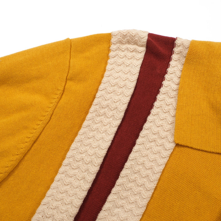 Men's Light Yellow Knit Polo With Red Wine & Off White Stripe